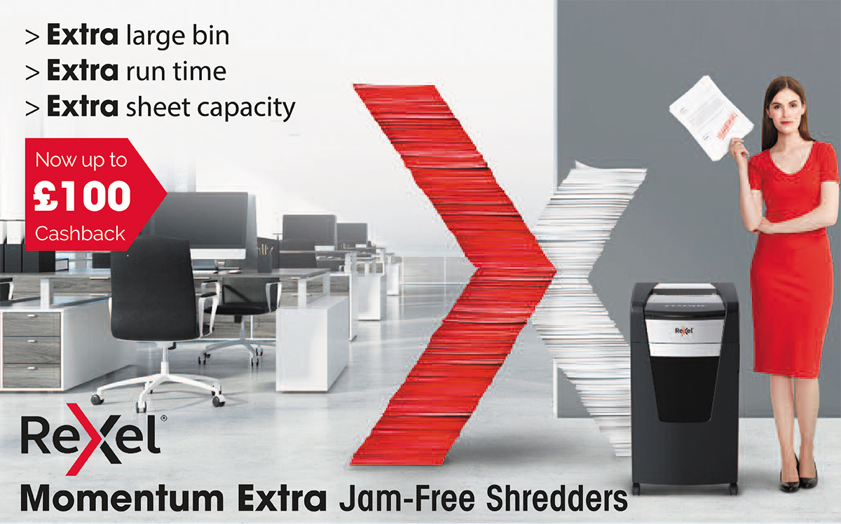 Up to £100 Cashback on selected Rexel Momentum Extra Jam Free Shredders.